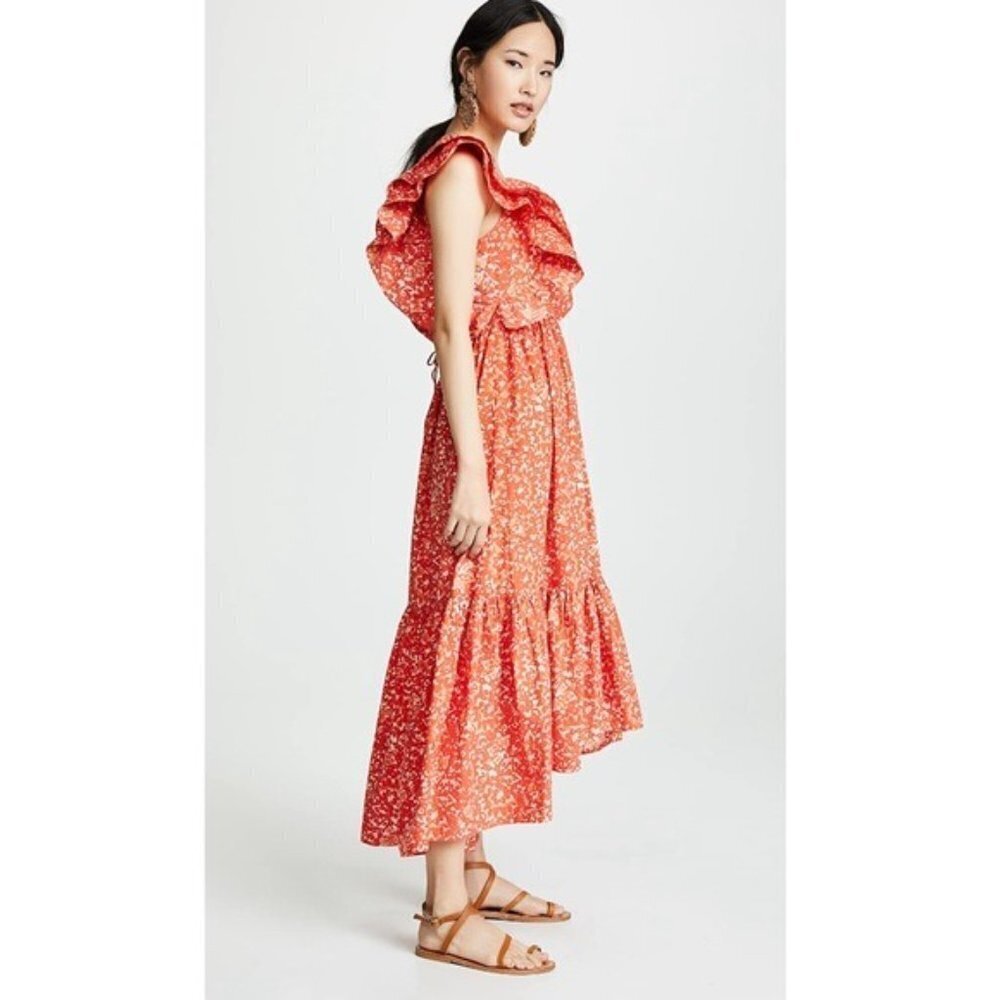 New Ulla Johnson Orange Ruffle Frieda Midi Dress … - image 4